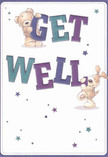 Vivid with the warmth of community, this get well card seems to dance with light and affection, echoing the friendly spirit you'll find throughout Kensal Green. The focal point is a playful tableau-a lovable teddy bear perched above a cheerful 'GET,' paired with a floppy-eared puppy delighting in the sturdy letters of 'WELL.' The characters are drenched in gentle tones, their furry textures rendered so convincingly that the soft embrace they offer feels tangible. Scattered across a crisp white background are whimsical stars, twinkling in purple and teal, reminiscent of shared moments at King Edward VII Park. The confident, hand-painted typography leaps forward, balancing boldness with playful intimacy. Every visual element-down to the precise shade of the bear's fur and the puppy's bright eyes-is drawn with a florist's sensitivity, recalling the art of composing a get well bouquet to brighten a quiet home near Harrow Road. This card is more than an illustration-it is a gesture, a tiny celebration crafted with intention and heart, ready to deliver comfort, cheer, and hope to a friend or neighbour in recovery.